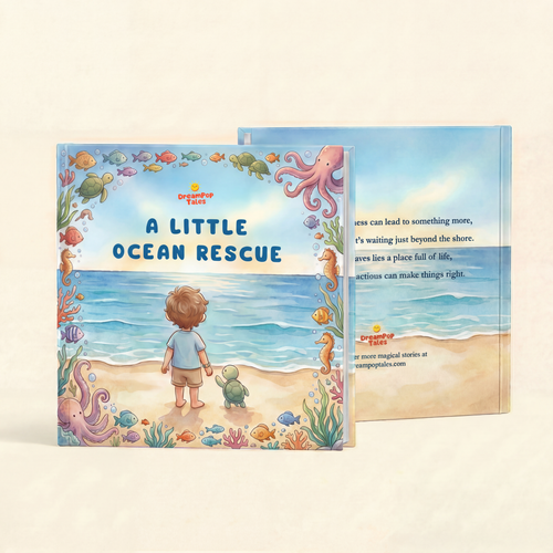 Children's book titled 'A Little Ocean Rescue' with a colorful cover featuring a child and turtle on a beach.